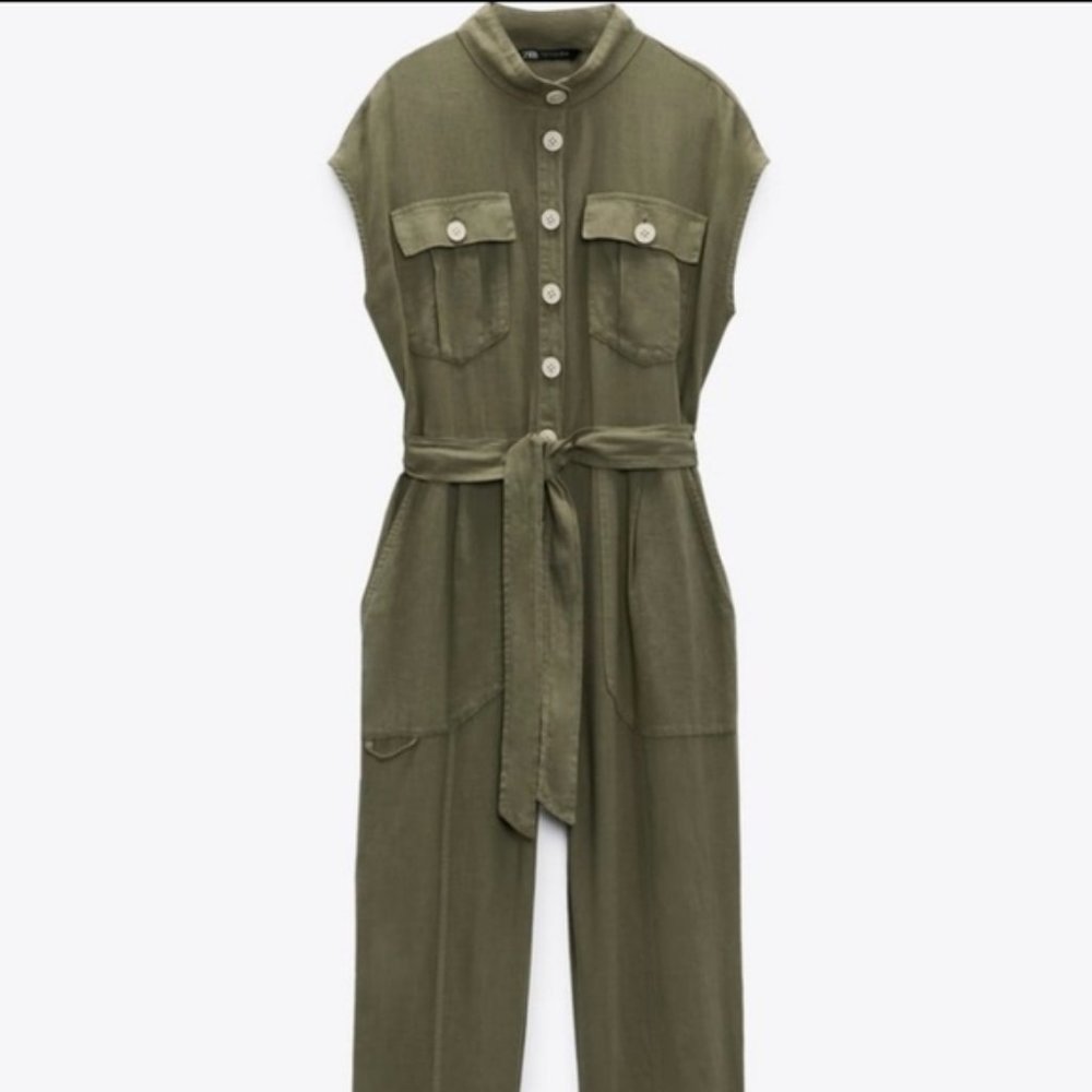 Zara green sleeveless linen jumpsuit medium green